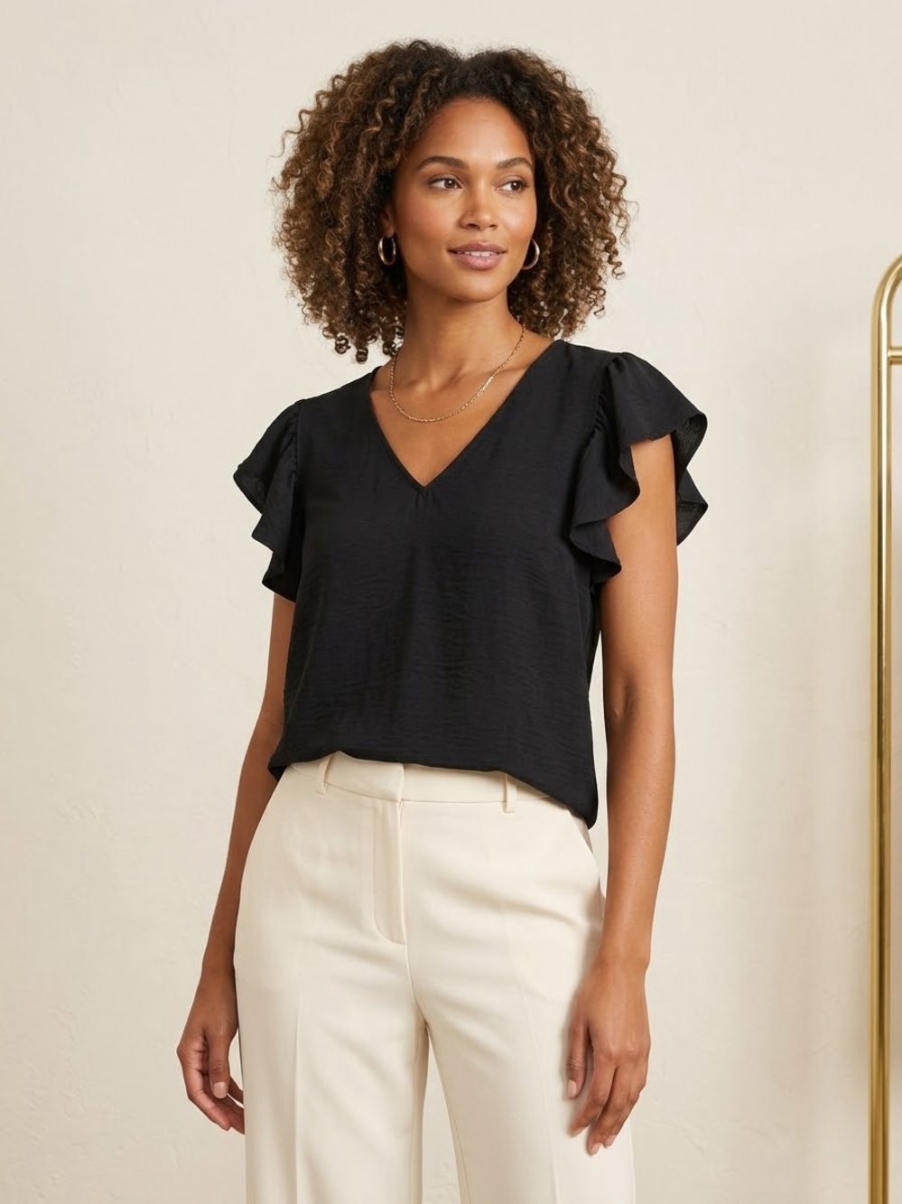 Adrianna Papell Black Ruffle Sleeve V-Neck Blouse - Size L | Business Casual